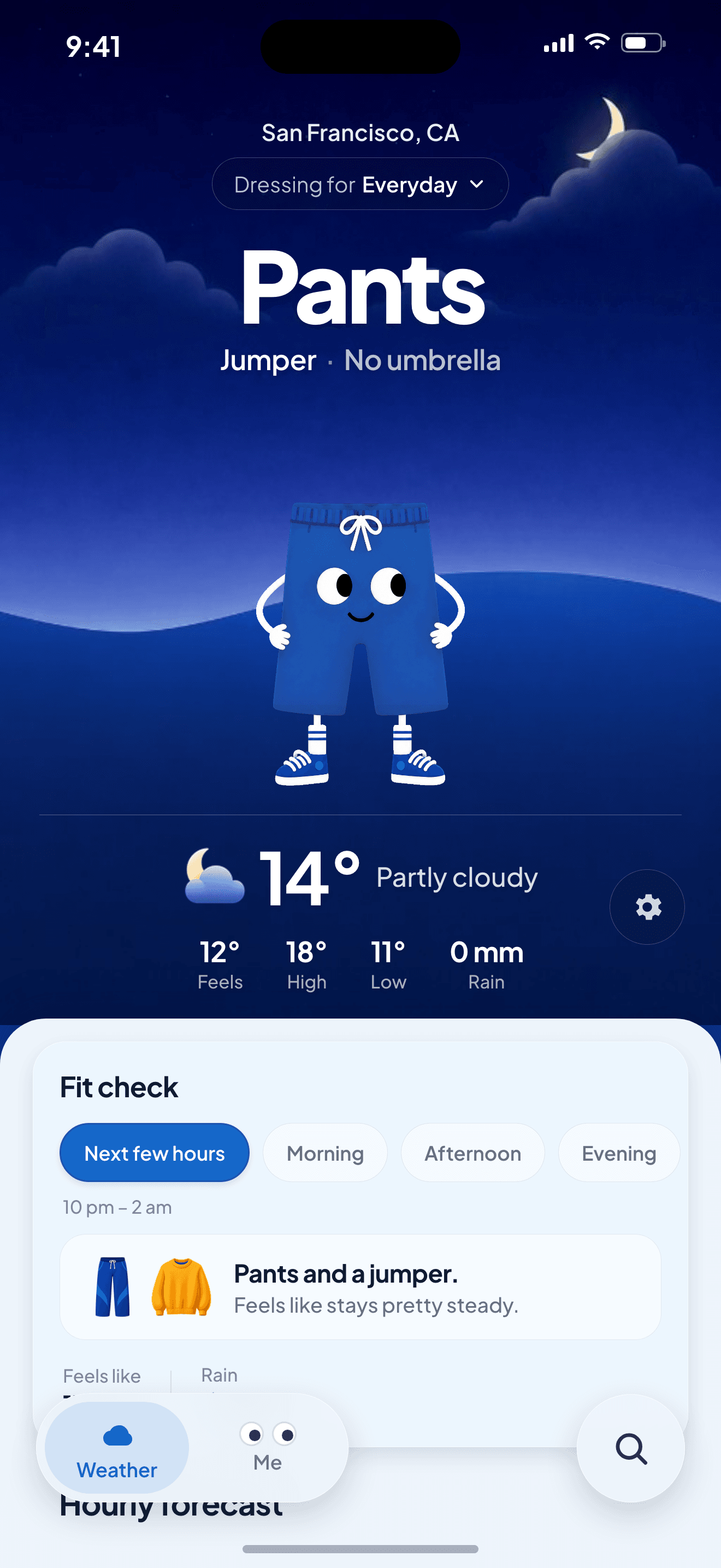 The Shorts vs Pants home screen on iPhone in San Francisco at night. The answer reads Pants, then Jumper and No umbrella, above 14 degrees and partly cloudy.
