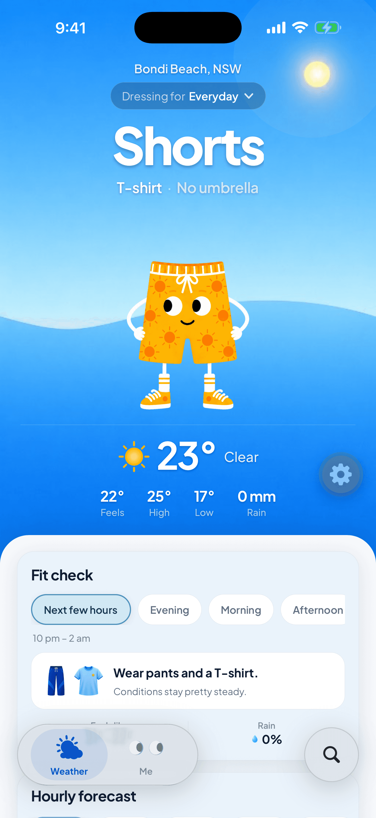 Shorts vs Pants on iPhone at Bondi Beach, dressing for Everyday. The answer reads Shorts, then T-shirt and No umbrella, above 23 degrees and clear.