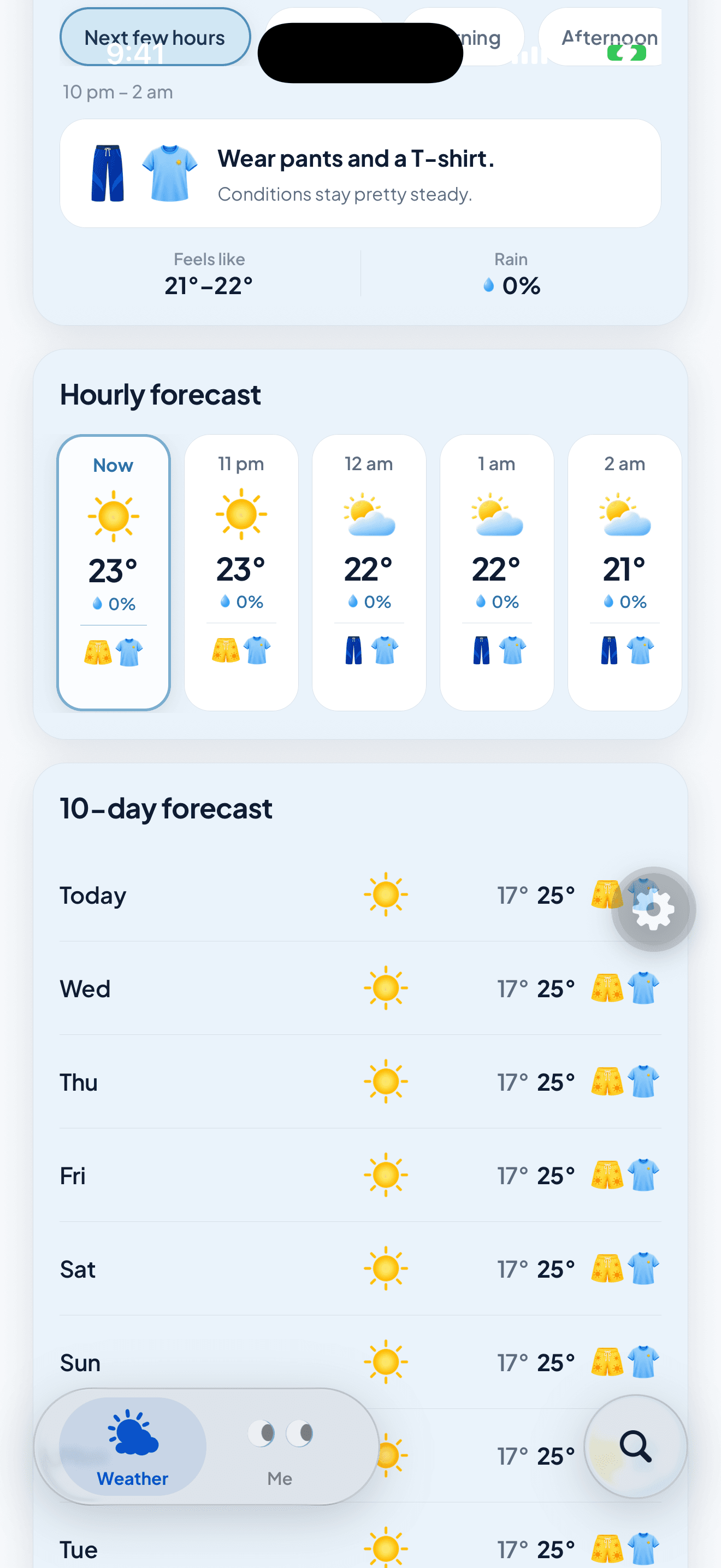The hourly forecast in the iPhone app, showing the outfit icons change from shorts to pants between 11pm and midnight as Bondi cools.
