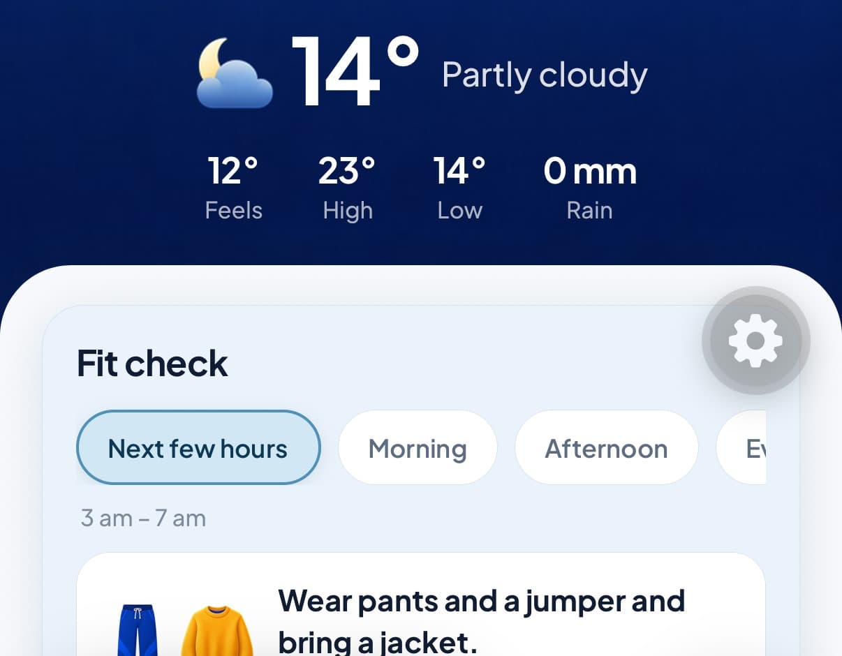 Fit check in the production iPhone app showing a recommendation for the next few hours