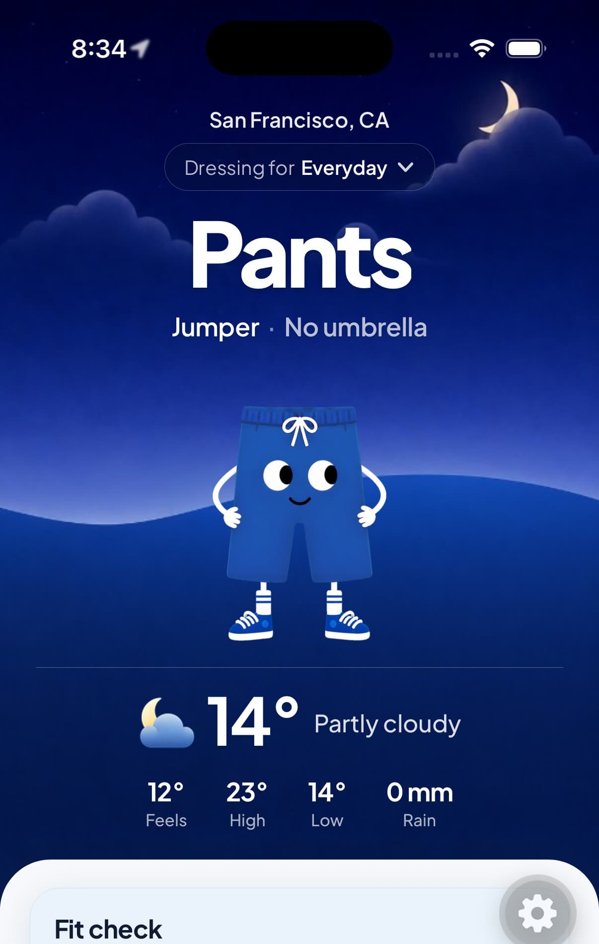 Shorts vs Pants on iPhone showing Pants, a jumper and no umbrella for a partly cloudy San Francisco forecast